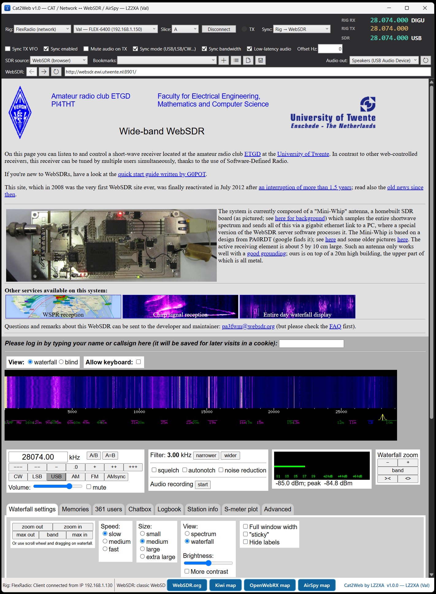 Cat2Web main window synchronized with a WebSDR